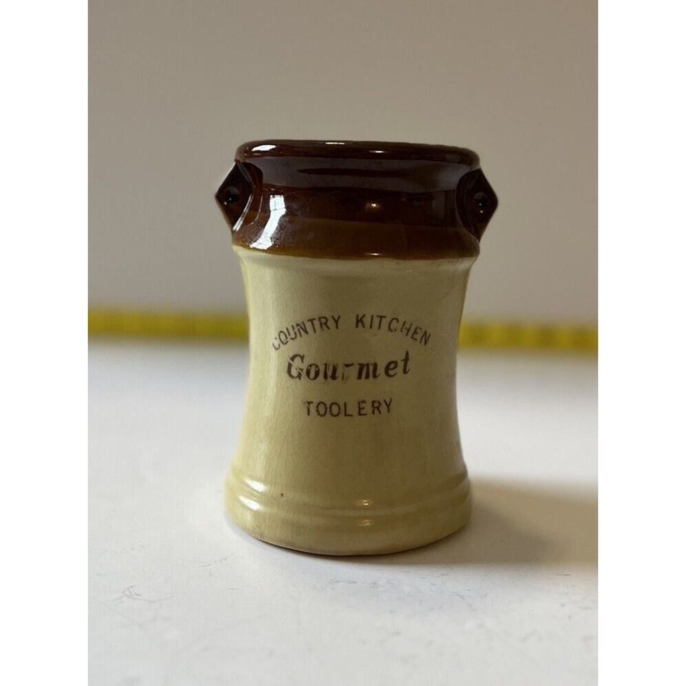 Kitchen Utensil Vintage 70’s Retro Brown Ivory Drip Pottery Jar Holder Toolery